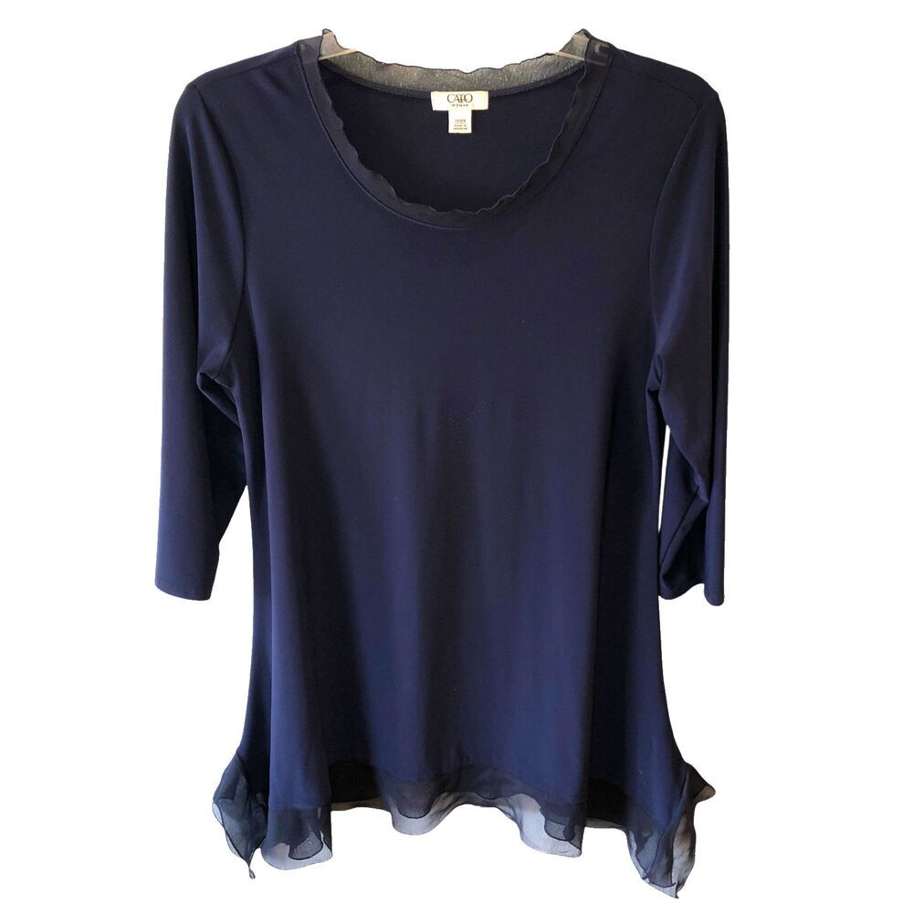 Cato Womens Size 14 16 Navy Blue 3/4 Sleeves Chiffon Trim Tunic Blouse Top Shirt